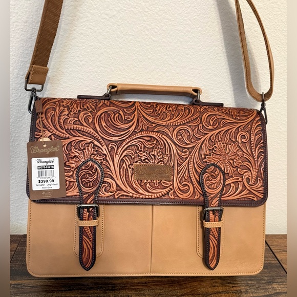 Wrangler Handbags - Wrangler Tan Genuine Leather Tooled Travel/Laptop/Messenger Bag *NEW in Package*